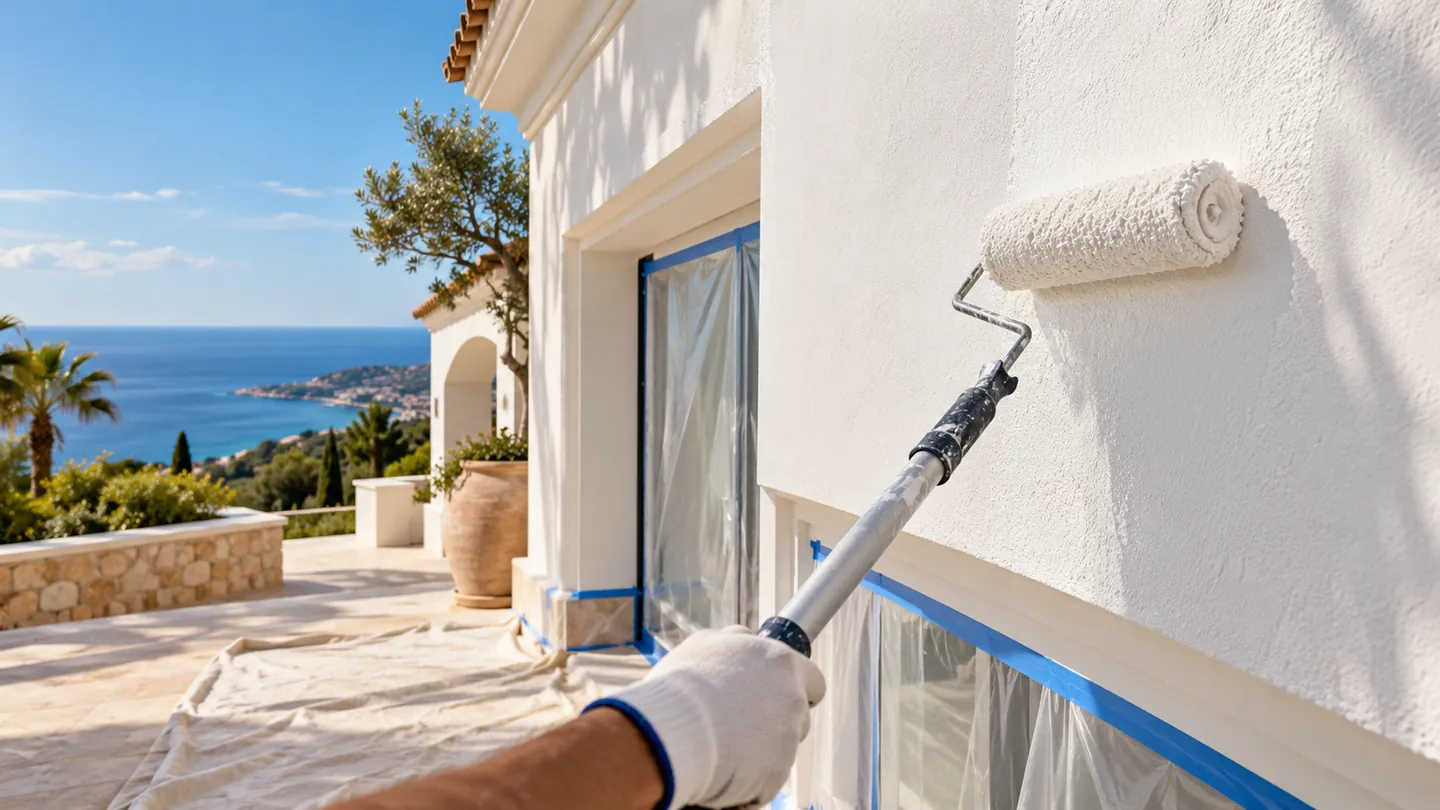 AI illustration of exterior painting with a roller, masked glazing and a protected terrace.