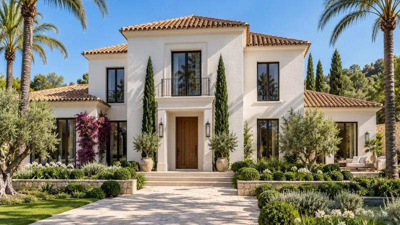 Freshly painted white Mediterranean villa in daylight